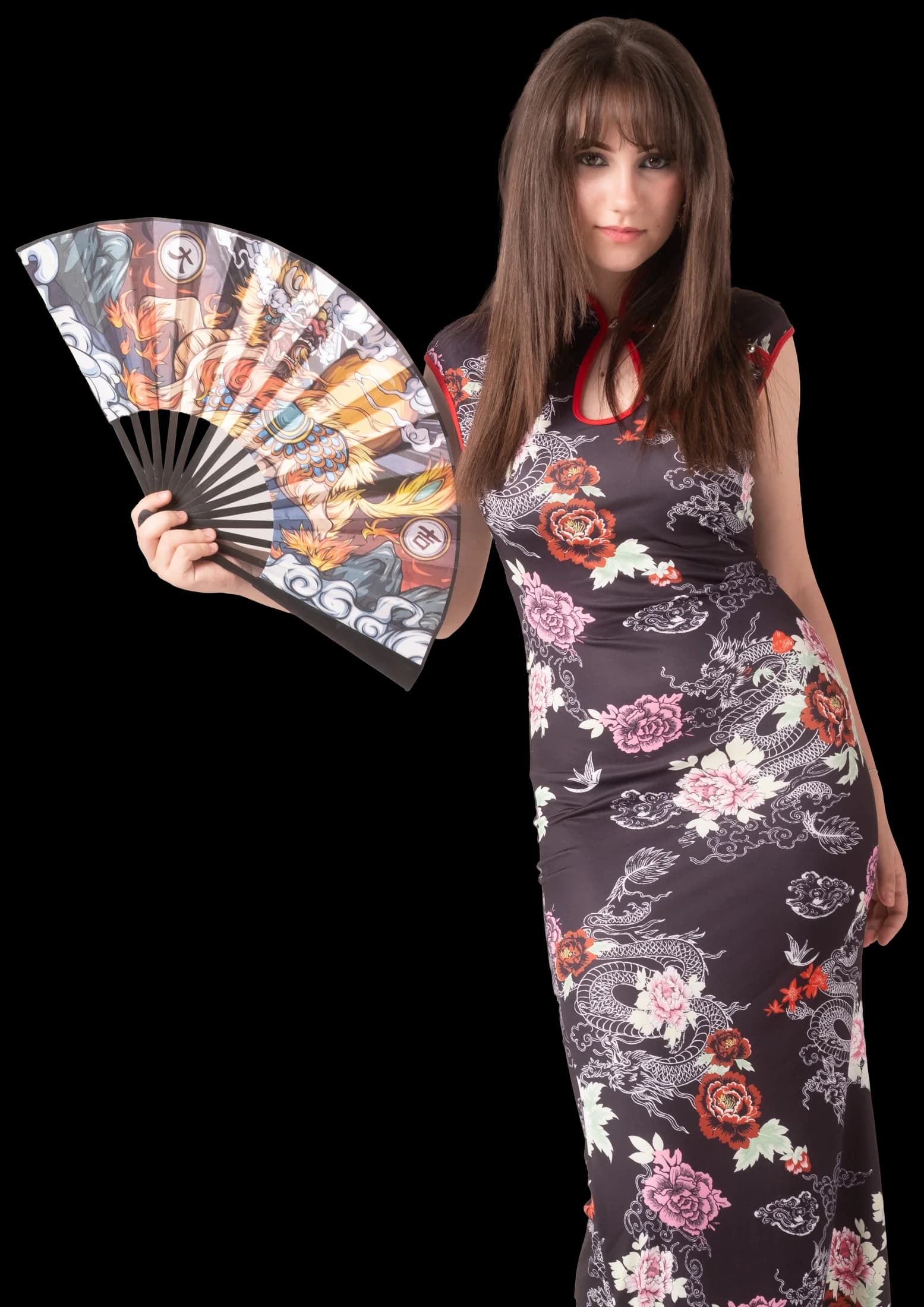 Ema Dujmović in a qipao, holding a painted fan